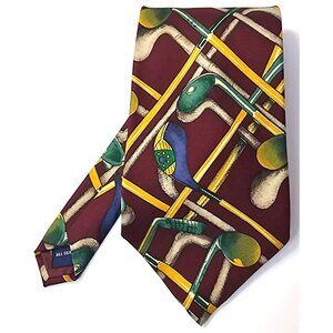 Stafford Mens Golf Club Print Silk Tie 59x4 Maroon & Yellow Sophisticated Fun